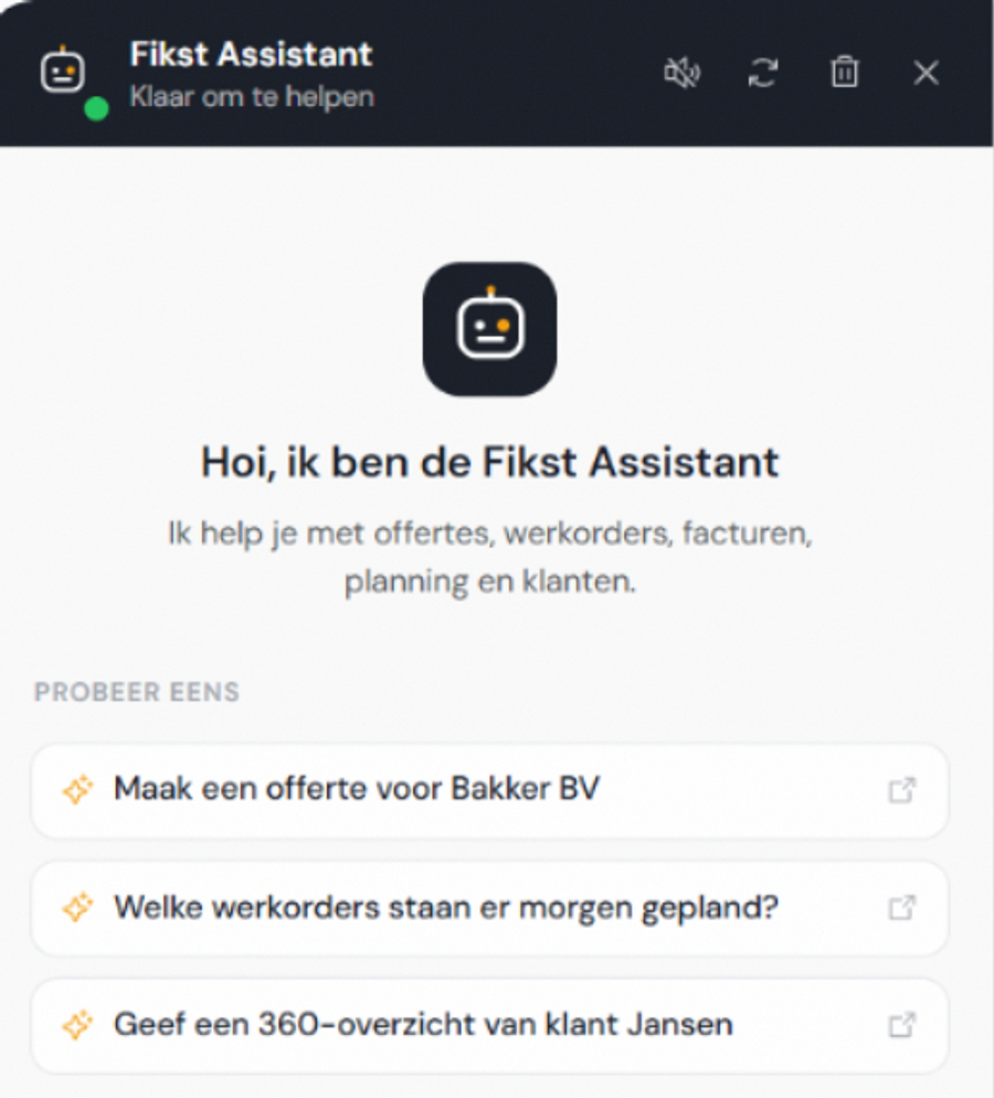 Het echte welkomstscherm van de Fikst Assistant in de Noordkoel-demo.