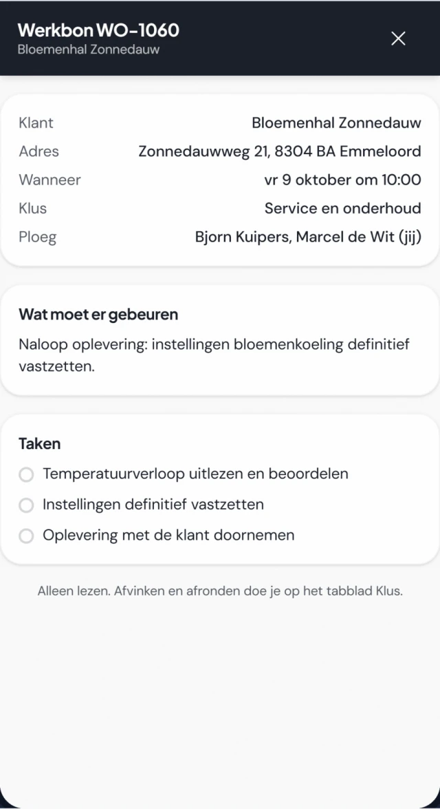 Werkbon WO-1060 in de monteursapp: klant Bloemenhal Zonnedauw in Emmeloord, vrijdag 9 oktober om 10:00, service en onderhoud, met de ploeg Bjorn Kuipers en Marcel de Wit, wat er moet gebeuren en drie taken.