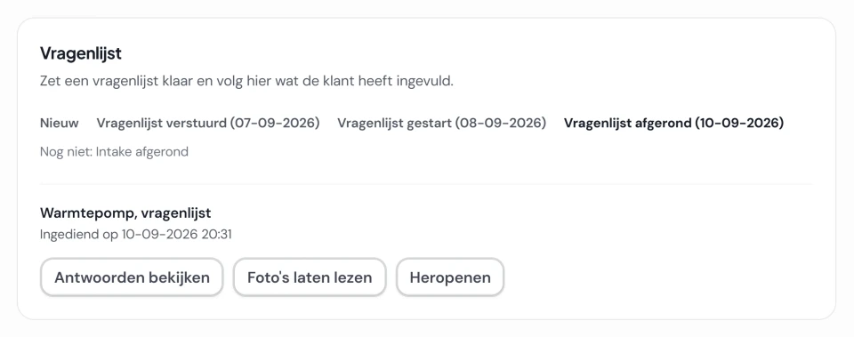 De kaart Vragenlijst op de klantkaart in Fikst: de stappen van verstuurd en gestart tot Vragenlijst afgerond, met de datum en het tijdstip van indienen.