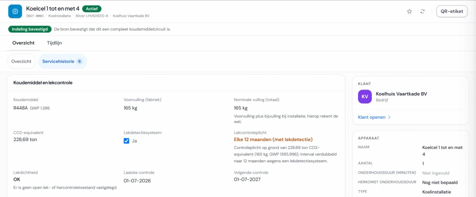 Installatie Koelcel 1 tot en met 4 in Fikst: koudemiddel R448A, voorvulling en nominale vulling 165 kg, 228,69 ton CO2-equivalent, lekdetectie aanwezig, lekcontroleplicht elke 12 maanden, laatste controle 1 juli 2026 en volgende controle 1 juli 2027.