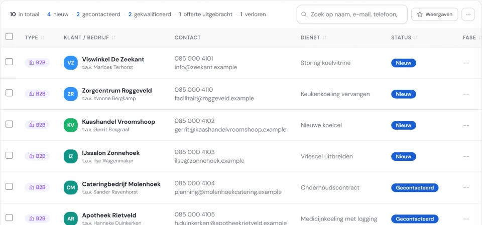 The enquiry list of Noordkoel in Fikst (Dutch screen): enquiries with contact details, service and status, such as a display fridge breakdown and a new cold room.