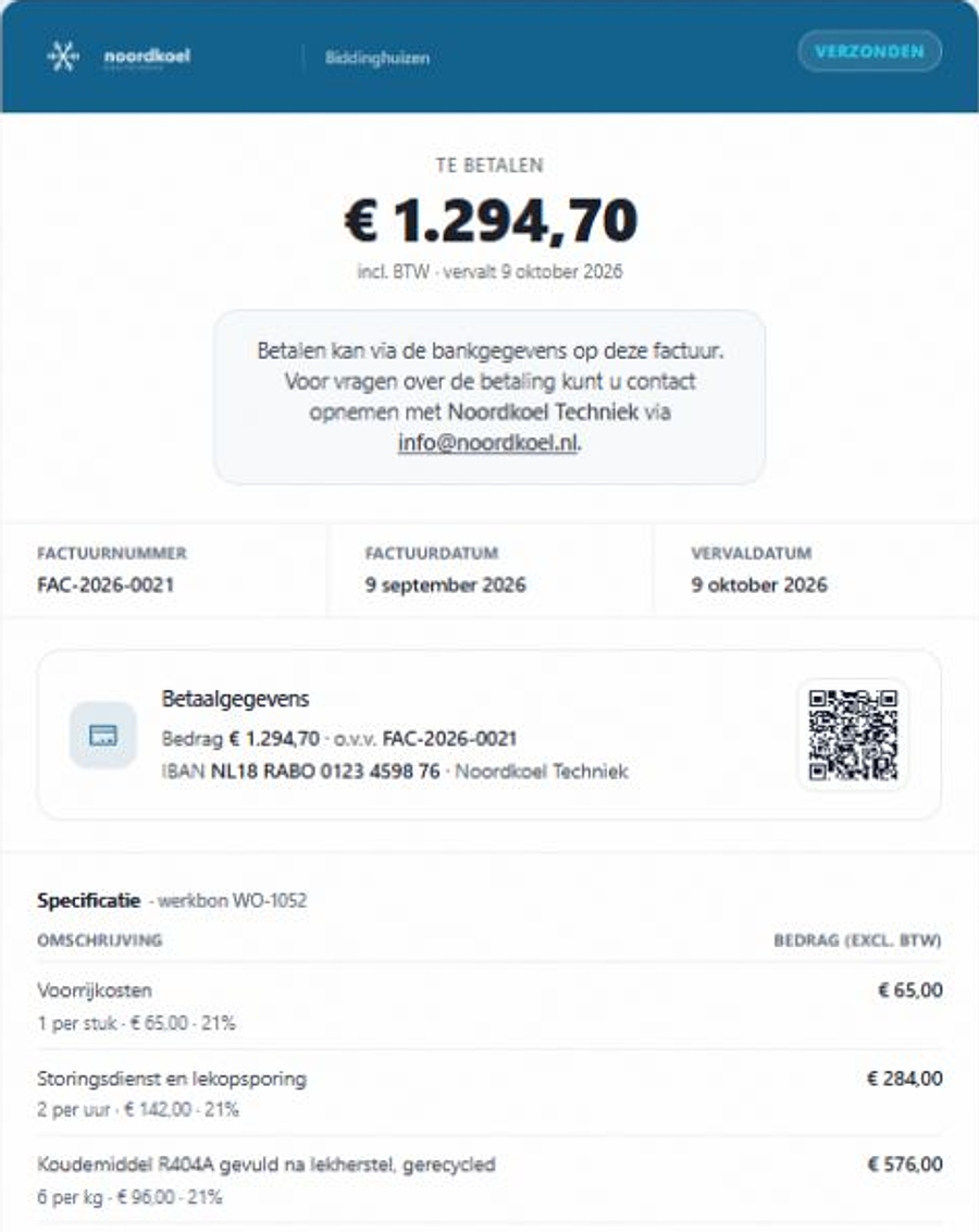 Verzonden factuur FAC2026-0021 met 1.294,70 euro te betalen; niet als betaald voorgesteld.