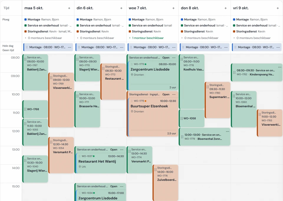 Het planbord van Fikst in de weekweergave, met de werkorders per dag en bovenaan per dag de ploeg. Een geboekte onderhoudsbeurt komt hier als werkorder op te staan.
