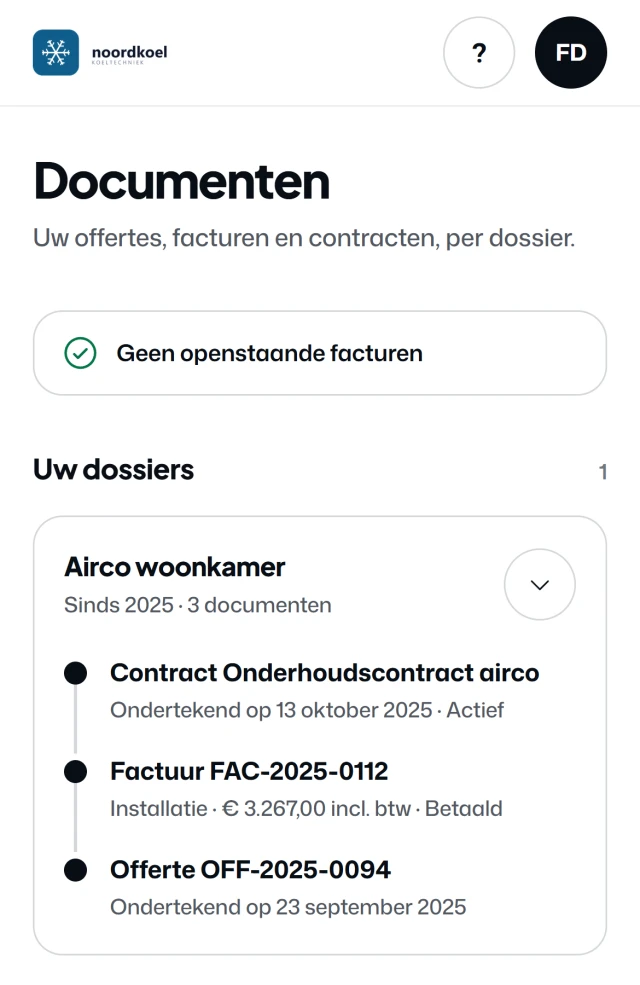Documenten in het klantportaal: geen openstaande facturen, en in het dossier Airco woonkamer het onderhoudscontract, de betaalde factuur FAC-2025-0112 en de getekende offerte.