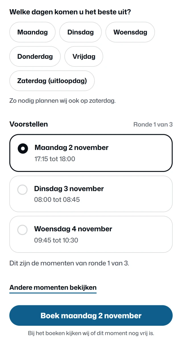 Onderhoud inplannen in het klantportaal: welke dagen komen u het beste uit, met maandag tot en met vrijdag en zaterdag als uitloopdag, drie voorstellen in ronde 1 van 3 met maandag 2 november van 17:15 tot 18:00 gekozen, en de knop Boek maandag 2 november.