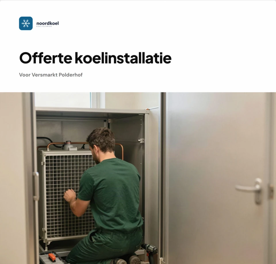 Offerte koelinstallatie voor Versmarkt Polderhof in de huisstijl van Noordkoel, met een foto van een monteur bij een koelunit.