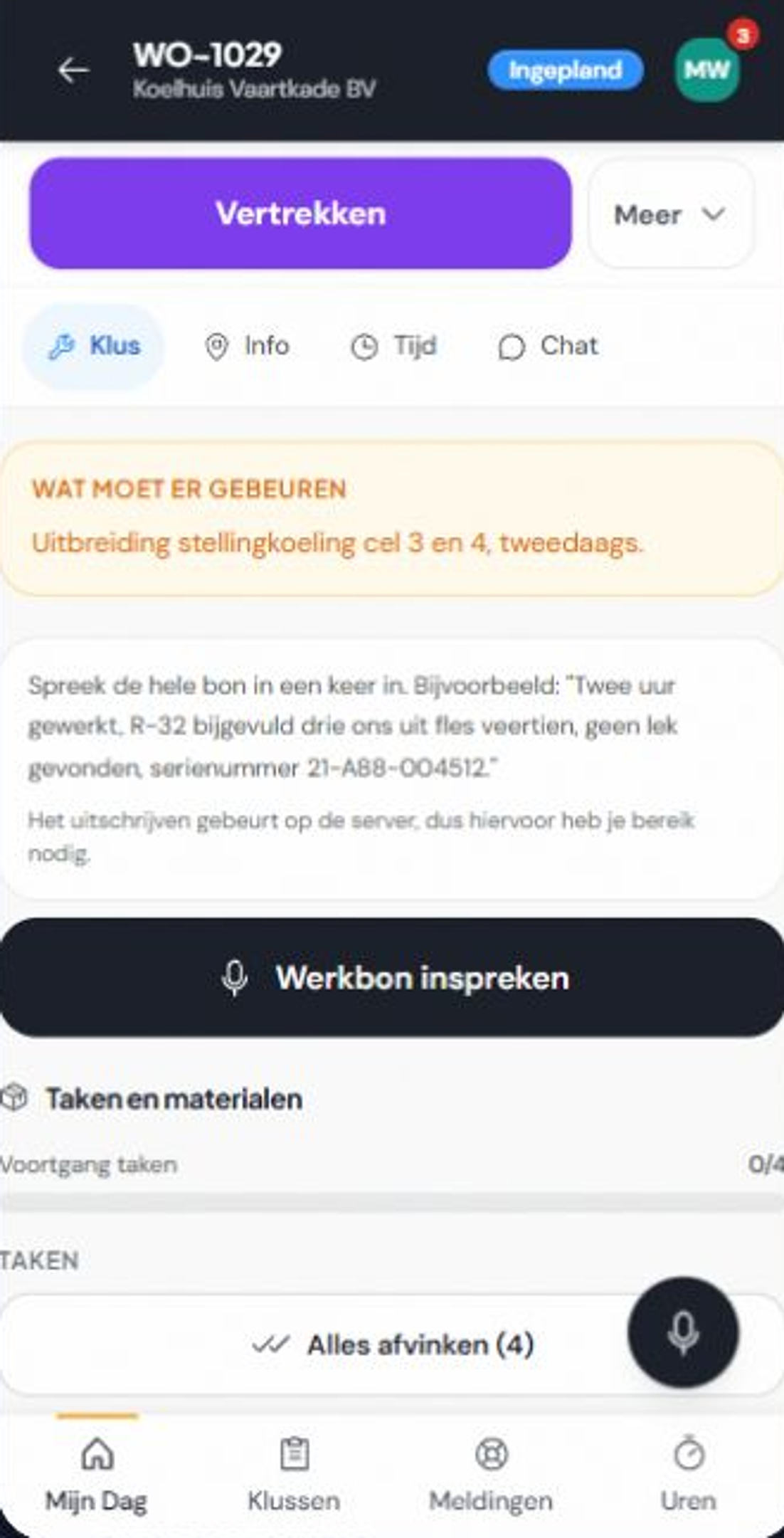 Werkbon WO-1029 met de duidelijke knop Werkbon inspreken, werkzaamheden en taken.