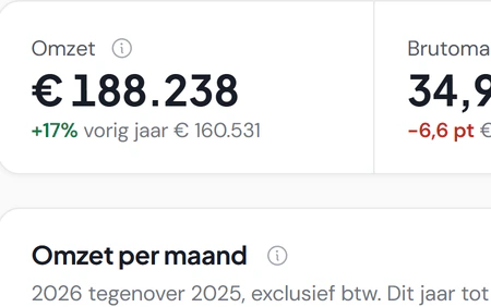 Analyse in Fikst over 2026: omzet € 188.238, 17 procent meer dan vorig jaar, brutomarge 34,9 procent en de omzet per maand tegenover 2025.