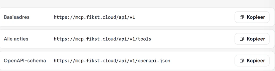 De adressen van de API voor je ontwikkelaar: het basisadres, de lijst met acties en het OpenAPI-schema.