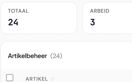 Artikelbeheer van Noordkoel: 24 artikelen met categorie, merk, verkoopprijs en btw, te filteren en te doorzoeken op naam of artikelcode.