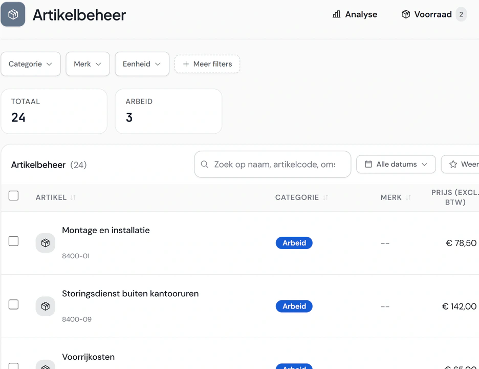 Artikelbeheer van Noordkoel: 24 artikelen met categorie, merk, verkoopprijs en btw, te filteren en te doorzoeken op naam of artikelcode.