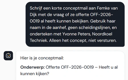 De Fikst Assistent met de vraag om alleen een concept te maken en de conceptmail aan een klant over haar offerte, met haar naam in de aanhef en ondertekend. Hij blijft een concept tot jij hem verstuurt.