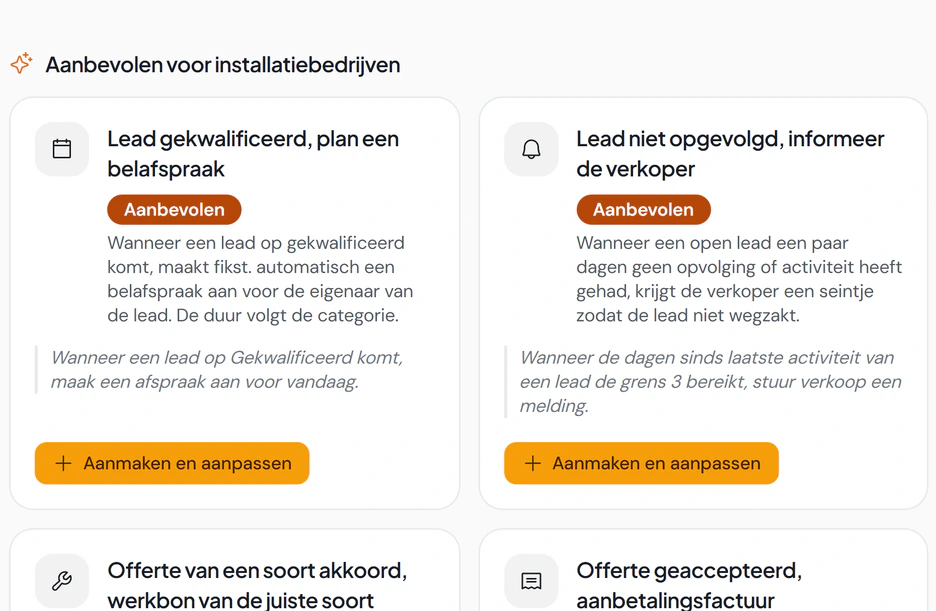Aanbevolen automatiseringen voor installatiebedrijven in Fikst, zoals een belafspraak bij een gekwalificeerde lead en een werkorder bij een geaccepteerde offerte.