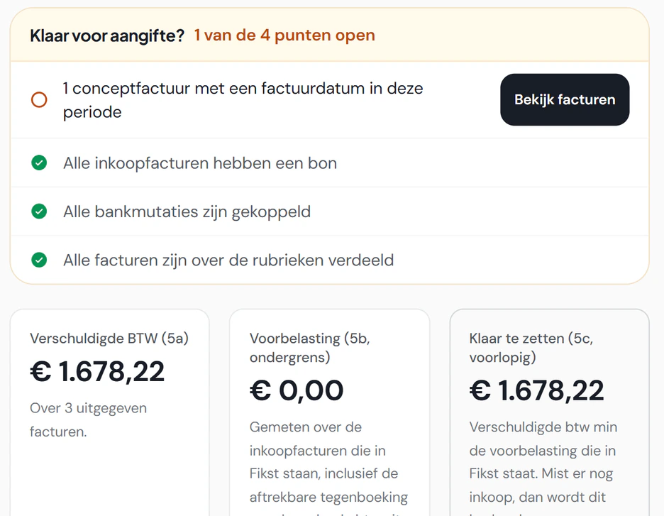 De btw-aangifte van het vierde kwartaal 2026 in Fikst: een controlelijst voor de aangifte, de uiterste datum 31 januari 2027 en het bedrag dat je opzij zet.