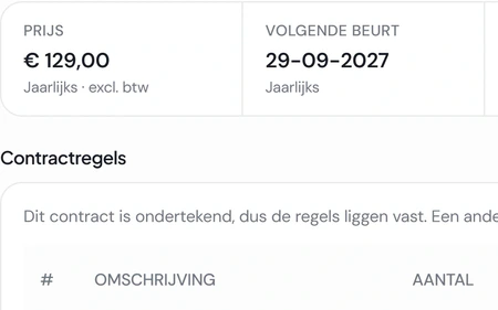 Een onderhoudscontract voor een airco in Fikst: 129 euro per jaar, de volgende beurt op 29 september 2027, de factuur na elke uitgevoerde beurt, de contractregel en de digitale ondertekening door de klant op 1 oktober 2026.