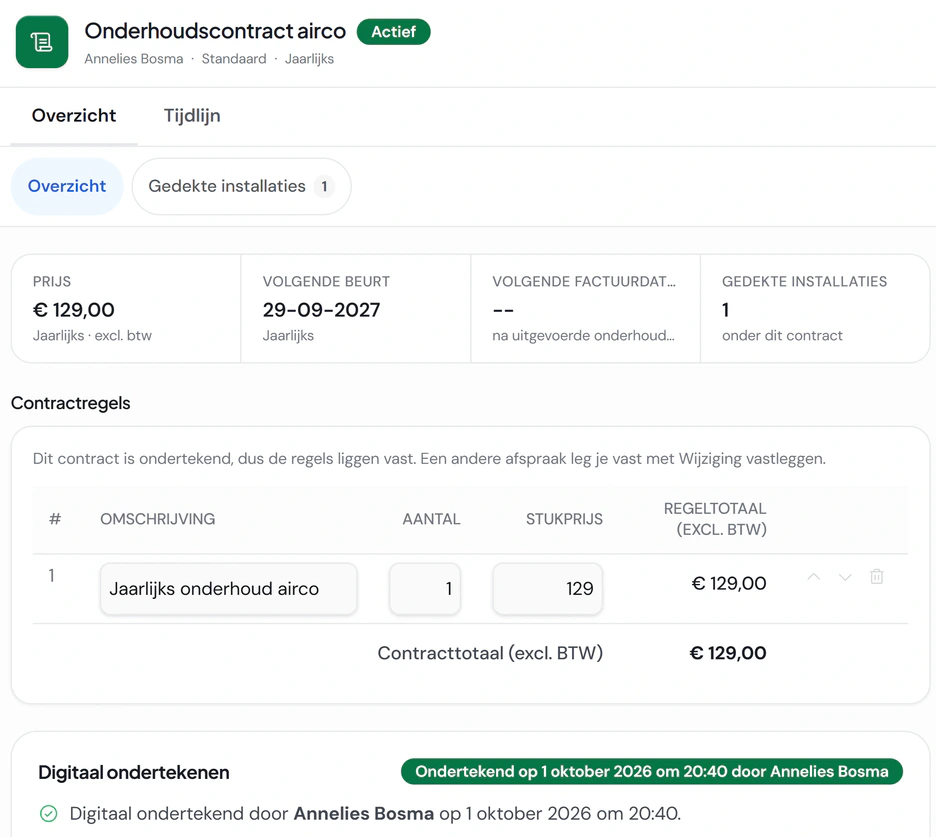 Een onderhoudscontract voor een airco in Fikst: 129 euro per jaar, de volgende beurt op 29 september 2027, de factuur na elke uitgevoerde beurt, de contractregel en de digitale ondertekening door de klant op 1 oktober 2026.