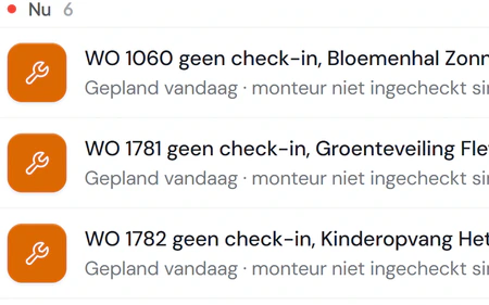 De beginpagina van Fikst op vrijdag 16 oktober: wat heeft je aandacht, met werkorders waarvan de monteur nog niet is ingecheckt en per werkorder een knop Bellen.