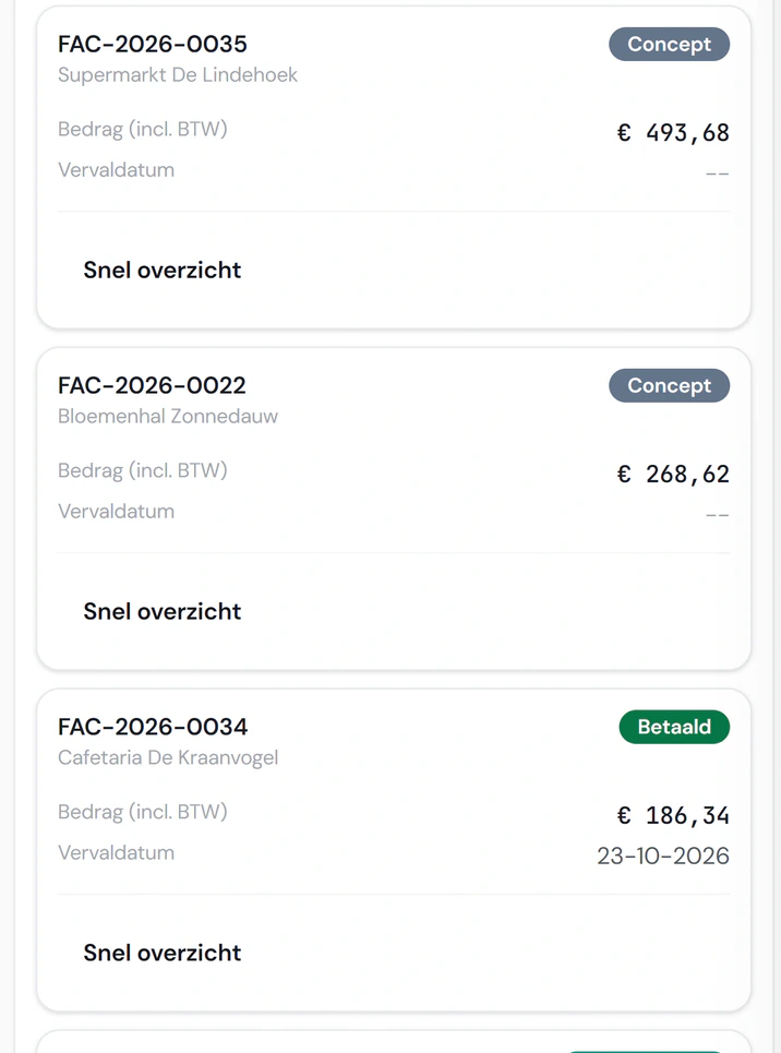 De facturen van Noordkoel in Fikst: 83 facturen, 38.286 euro openstaand en 6.045 euro verlopen, met status concept, betaald of deels betaald.
