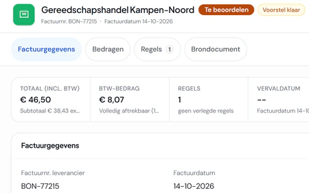 Inkoopfactuur BON-77215 van Gereedschapshandel Kampen-Noord in Fikst: uitgelezen uit een bonnetje, met het totaal en de btw. Het voorstel staat klaar en wacht op Goedkeuren.