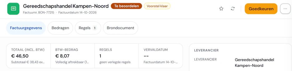 Inkoopfactuur BON-77215 van Gereedschapshandel Kampen-Noord in Fikst: uitgelezen uit een bonnetje, met het totaal en de btw. Het voorstel staat klaar en wacht op Goedkeuren.