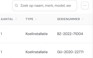 Het installatieregister van Noordkoel in Fikst: koelcellen, bloemenkoeling en een CO2-boosterinstallatie, met per installatie de naam, het aantal en het type.