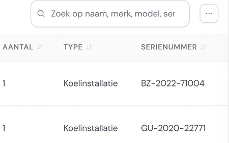 Het installatieregister van Noordkoel in Fikst: koelcellen, bloemenkoeling en een CO2-boosterinstallatie, met per installatie de naam, het aantal en het type.
