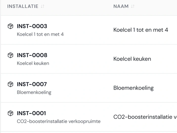 Het installatieregister van Noordkoel in Fikst: koelcellen, bloemenkoeling en een CO2-boosterinstallatie, met per installatie de naam, het aantal en het type.