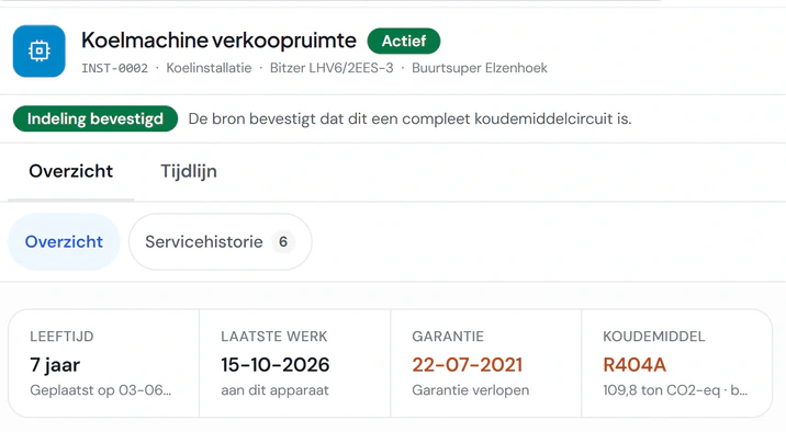 Installatie Koelmachine verkoopruimte in Fikst: indeling bevestigd, zeven jaar oud, laatste werk op 15 oktober, garantie verlopen en koudemiddel R404A met 109,8 ton CO2-equivalent.