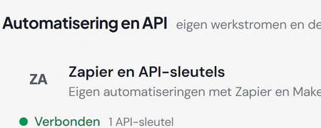 Integraties in Fikst: de koppeling met Zapier en API-sleutels staat op verbonden, met één API-sleutel.