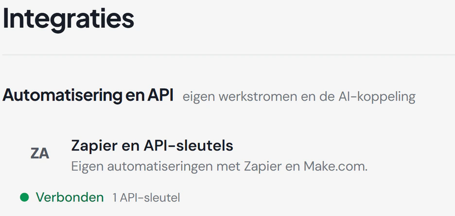 Integraties in Fikst: de koppeling met Zapier en API-sleutels staat op verbonden, met één API-sleutel.