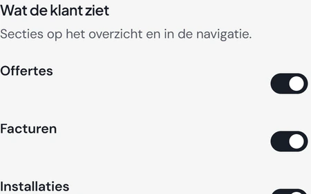Het klantportaal beheren in Fikst: per onderdeel aanzetten wat de klant ziet, zoals offertes, facturen en installaties, en wat de klant kan, zoals een storing melden.