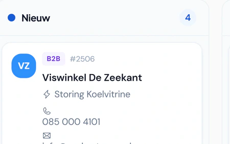 De leads van Noordkoel als pijplijn in Fikst: de kolommen Nieuw en Gecontacteerd, met per aanvraag de klant, de dienst en de contactgegevens.