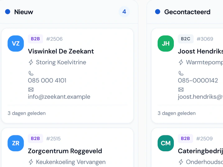 De leads van Noordkoel als pijplijn in Fikst: de kolommen Nieuw en Gecontacteerd, met per aanvraag de klant, de dienst en de contactgegevens.