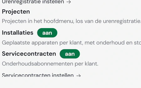 De modules van Noordkoel: per module een schakelaar, zoals WhatsApp, het materialenbord en de urenstaat voor monteurs.