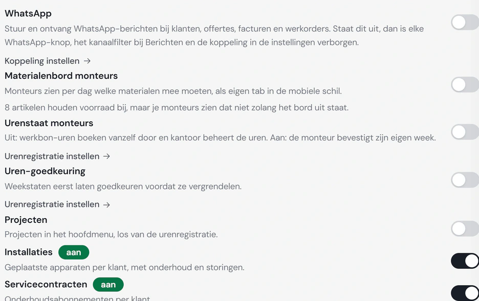De modules van Noordkoel: per module een schakelaar, zoals WhatsApp, het materialenbord en de urenstaat voor monteurs.