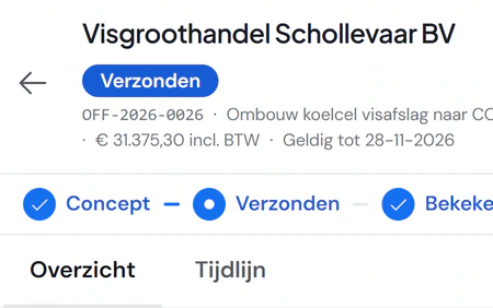 Offerte OFF-2026-0026 voor Visgroothandel Schollevaar BV in Fikst: verzonden en door de klant bekeken, met de bedragen en de offertegegevens.