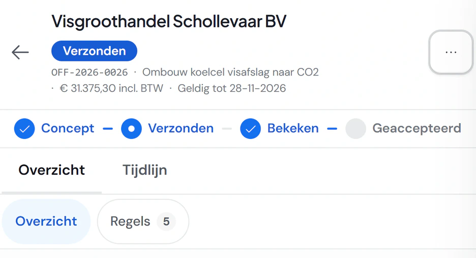 Offerte OFF-2026-0026 voor Visgroothandel Schollevaar BV in Fikst: verzonden en door de klant bekeken, met de bedragen en de offertegegevens.