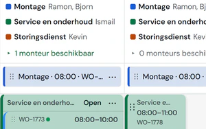 Het planbord van Fikst in de Baanweek: maandag tot en met woensdag, met per dag de ploeg van elke baan en de werkorders op hun tijd.