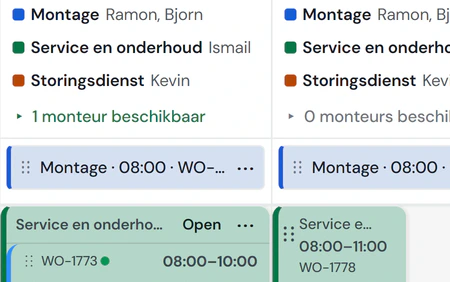 Het planbord van Fikst in de Baanweek: maandag tot en met woensdag, met per dag de ploeg van elke baan en de werkorders op hun tijd.
