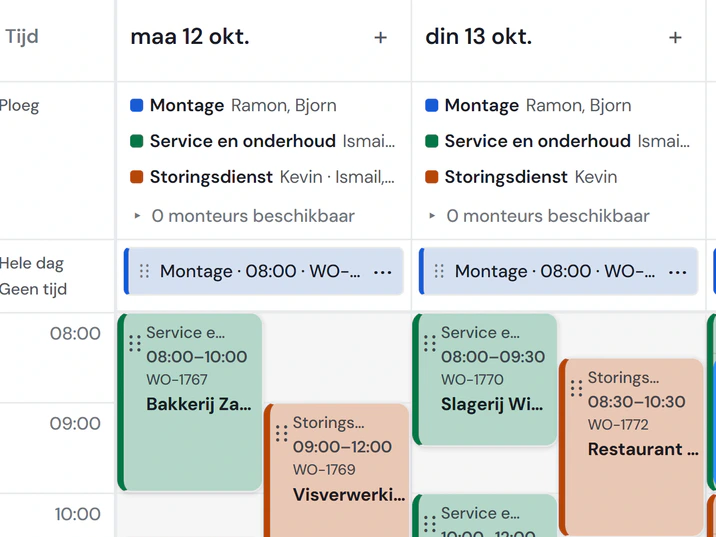 Het planbord van Fikst in de Baanweek: maandag tot en met woensdag, met per dag de ploeg van elke baan en de werkorders op hun tijd.