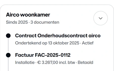 Documenten in het klantportaal: in het dossier Airco woonkamer het onderhoudscontract, de betaalde factuur FAC-2025-0112 en de getekende offerte.
