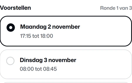 Onderhoud inplannen in het klantportaal: welke dagen komen u het beste uit, en drie voorstellen in ronde 1 van 3 met maandag 2 november gekozen.