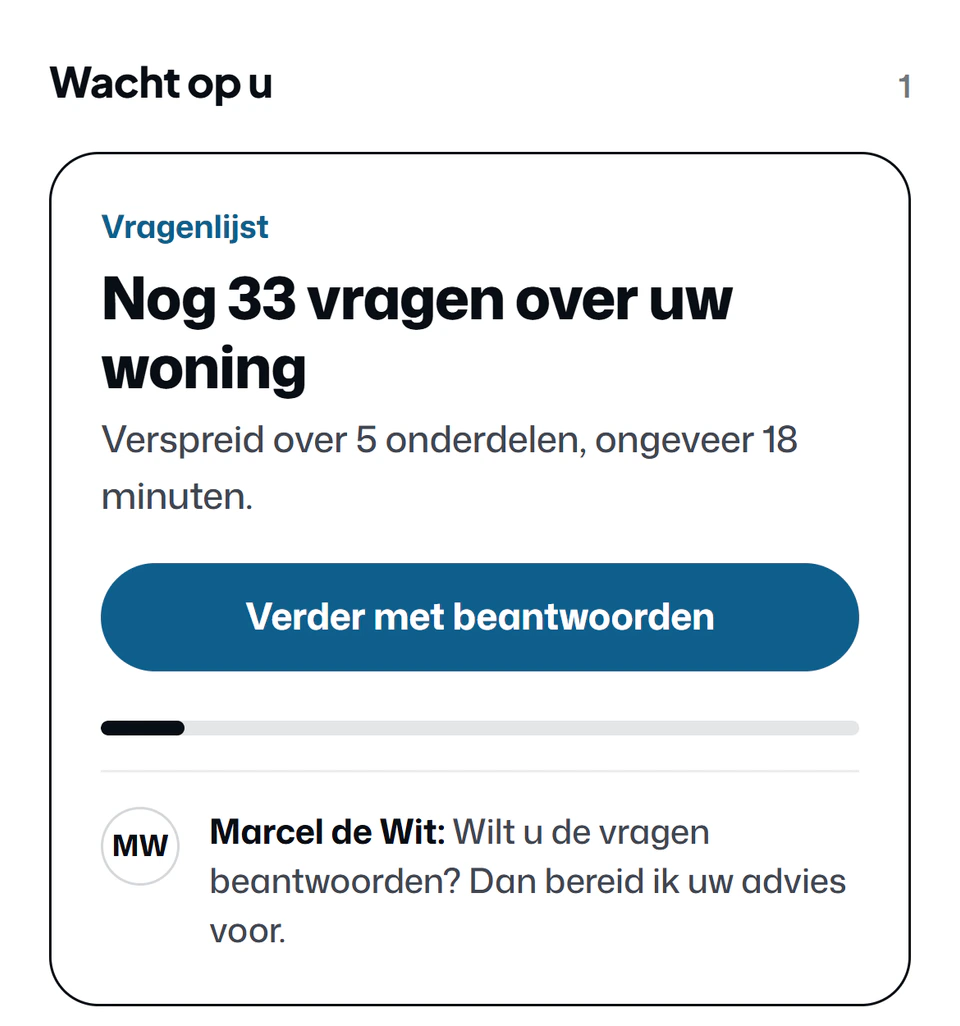 Het klantportaal van Noordkoel bij Wacht op u: de vragenlijst met nog 33 vragen over de woning, de knop Verder met beantwoorden en een bericht van de adviseur.