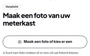 De vragenlijst in het klantportaal van Noordkoel op de telefoon: vraag 5 van 37, Maak een foto van uw meterkast, met de knop om een foto te maken en Later beantwoorden.