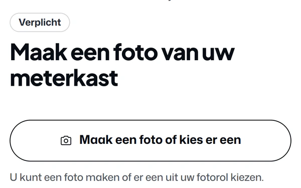 De vragenlijst in het klantportaal van Noordkoel op de telefoon: vraag 5 van 37, Maak een foto van uw meterkast, met de knop om een foto te maken en Later beantwoorden.