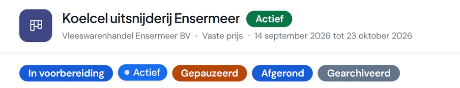 Project Koelcel uitsnijderij Ensermeer in Fikst: de klant, een vaste prijs met de looptijd en de fasen van in voorbereiding tot gearchiveerd.