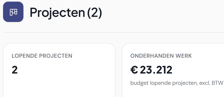 Projecten in Fikst: twee lopende projecten, € 23.212 onderhanden werk en € 23.212 nog te factureren.