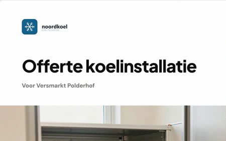 Offerte koelinstallatie voor Versmarkt Polderhof in de huisstijl van Noordkoel, met een foto van een monteur bij een koelunit.