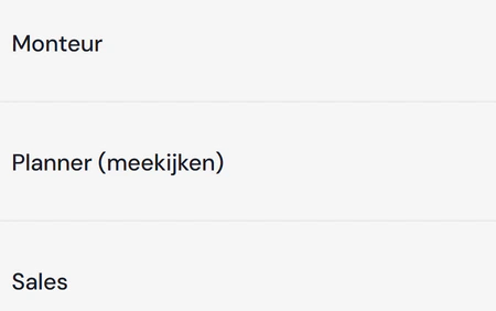 Rollen zoals monteur, planner en sales, met per rol hoeveel onderdelen op geen, lezen of bewerken staan.