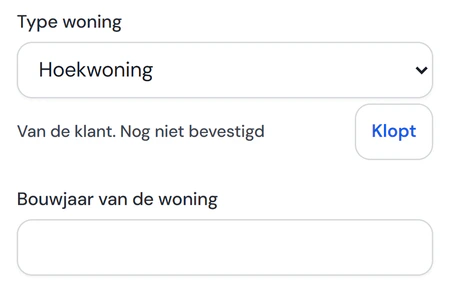 Het schouwformulier in Fikst op een telefoon: type woning, bouwlagen en gasverbruik, met bij elk antwoord Van de klant en de knop Klopt.